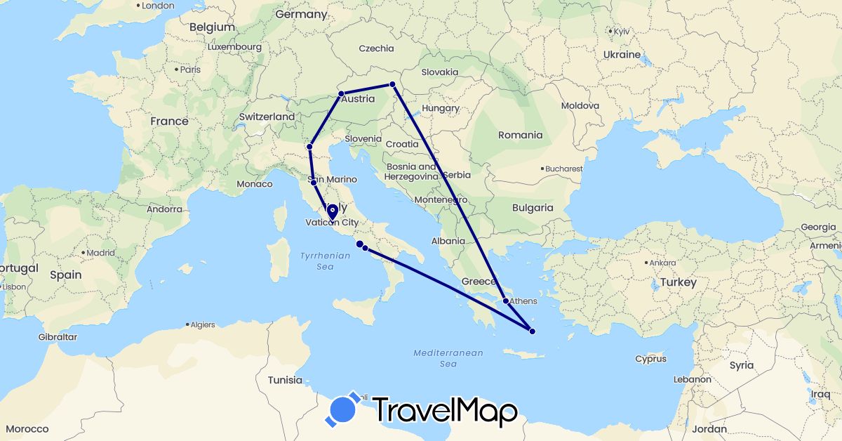 TravelMap itinerary: driving in Austria, Greece, Italy (Europe)